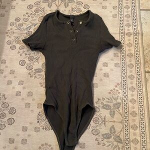 Green Ribbed Bodysuit with Button Detail